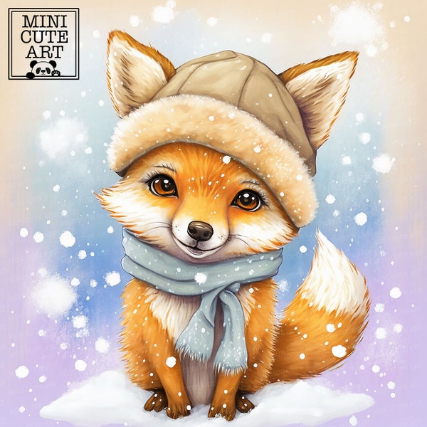 Watercolor Forest animal art, cute watercolor fox christmas, winter animals clip art, animals in santa hatclip art,  Fox watercolor JPG