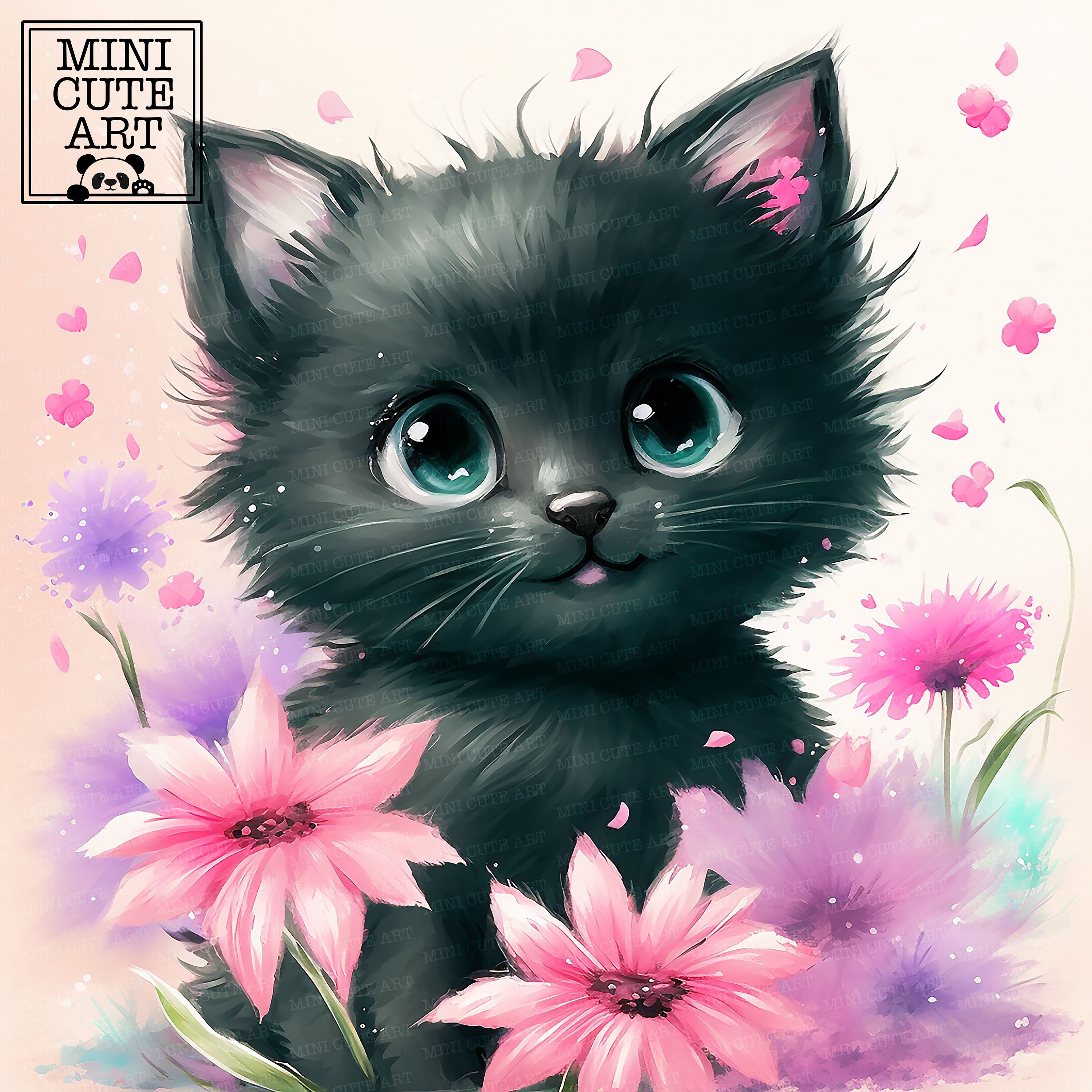 Cat 1. Fluffy Kitten. Black And White Watercolor Painting Stock