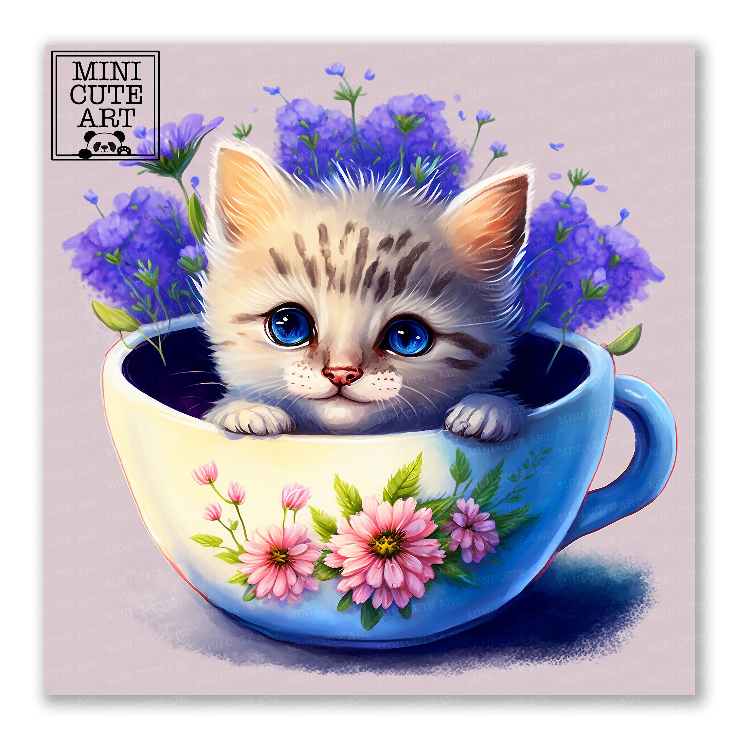 Cute Watercolor Cat in a Cup Clip Art, Kitten Watercolor Animal Clipart