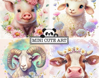 Watercolor animals farms clip art ,pig, ram, sheep, cow clip art , Farm nursery decor, Forest animal print