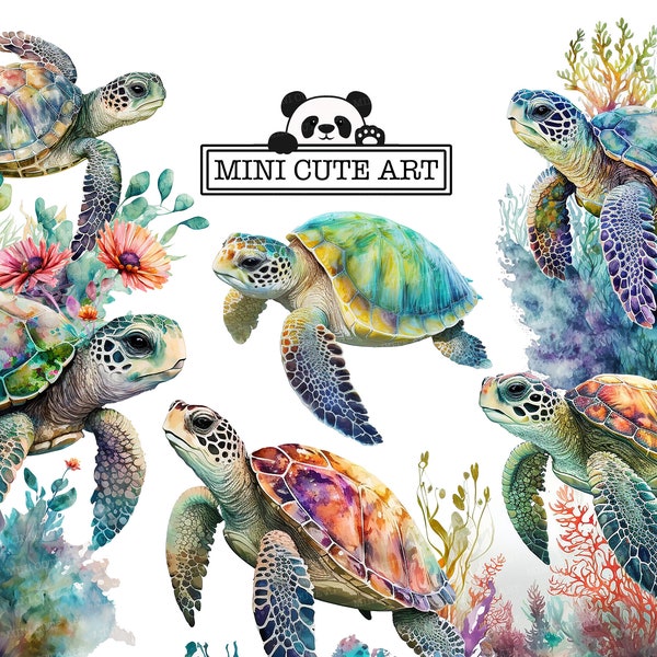 Sea turtles clip art, watercolor sea turtles, sea turtles PNG, watercolor baby sea turtle, Set sea turtles clip art PNG