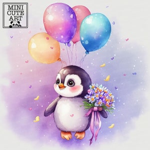 Cute penguin and balloons watercolor clip art,  penguin watercolor art,  penguin animal clip art, watercolor  penguin jpg