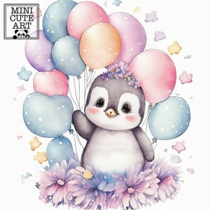 Cute penguin and balloons watercolor clip art,  penguin watercolor art,  penguin animal clip art, watercolor  penguin jpg