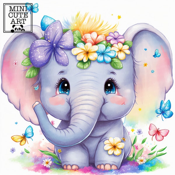 Watercolor baby rainbow elephant clip art, elephant  watercolor JPG, watercolor elephant  animals clip art, cute watercolor animals JPG