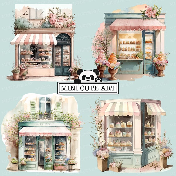 Bakery Watercolor Clipart, Pink And Mint Pâtisserie Illustrations, Feminine Pastry Shop PNG, Instant Download Pastel Cake Shop Clip Art