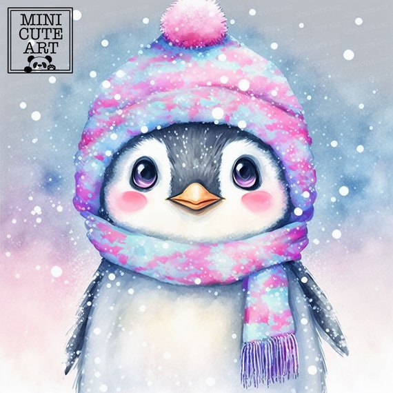 Cute watercolor penguin in a winter hat clip art, penguin watercolor JPG,  watercolor animals clip art, cute watercolor animals JPG