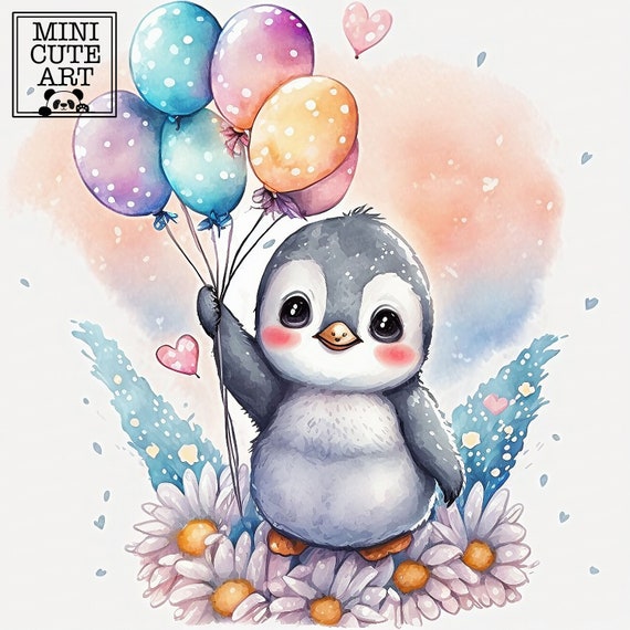 Cute penguin and balloons watercolor clip art, penguin watercolor art,  penguin animal clip art, watercolor penguin jpg