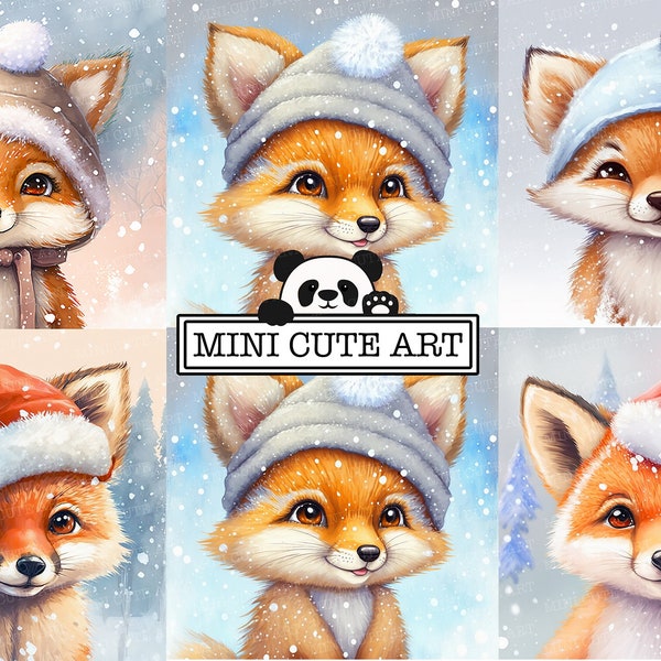 Watercolor Forest animal art, cute watercolor fox christmas, winter animals clip art, animals in santa hatclip art,  Fox watercolor JPG