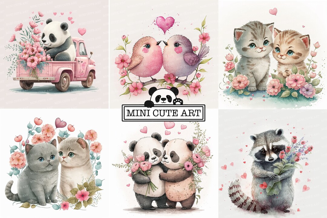 Animal Love Clipart Set, Cute Pictures for Valentine's Day JPG, Set