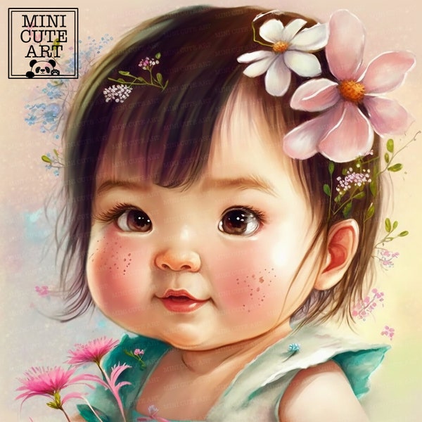 Cute Asian Girl clipart, Asian Kid portrait, little girl, cute girl clipart, commercial, cartoon JPG, kawaii kid, freckles girl clipart