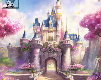 Watercolor Princess Castle, fairy clip art, children fairy girl, Princess Castle clip art, Princess Castle  illustration
