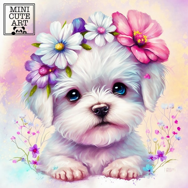 Maltese Puppy Watercolor clipart, Watercolor portrait of a dog,  portrait dog JPG, Maltese Puppy clip art, dog with flowers