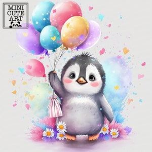 Cute penguin and balloons watercolor clip art,  penguin watercolor art,  penguin animal clip art, watercolor  penguin jpg