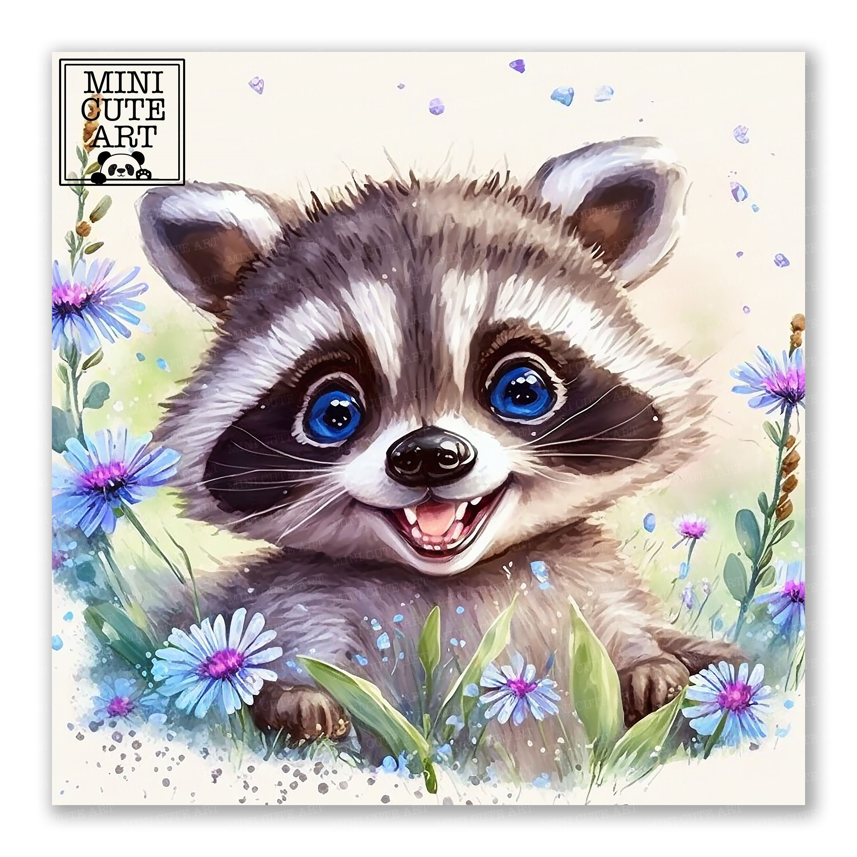 Watercolor Baby Raccoon Clip Art Raccoon and Flowers Digital - Etsy