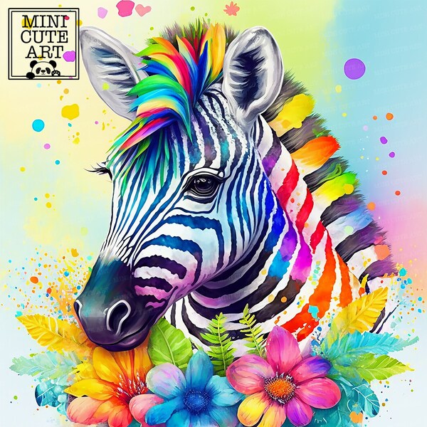 Rainbow Zebra clip art, colorful zebra watercolor JPG, African animals  animals clip art, cute watercolor animals JPG