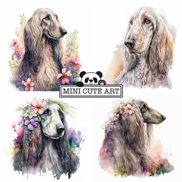 Dog Afghan Hound girl Watercolor clipart, Watercolor portrait of a dog,  portrait dog JPG, Afghan Hound  clip art, dog with flowers