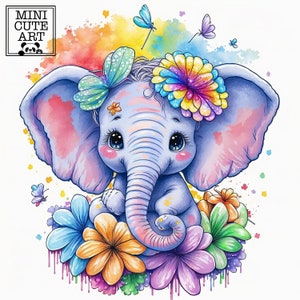 Watercolor baby rainbow elephant clip art, colorful elephant  watercolor JPG, watercolor elephant  animals clip art, watercolor animals JPG