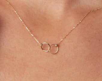 Gold Intertwined Circles Necklace Genuine 14K Solid Gold Necklace Interlocking Circles Pendant Double Rings Necklace Eternity Charm Necklace