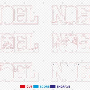 May include: A digital design file for a Christmas Noel sign with three different styles. The first style is a simple outline of the word Noel. The second style includes a nativity scene with a star above the stable. The third style features a snowy scene with stars.