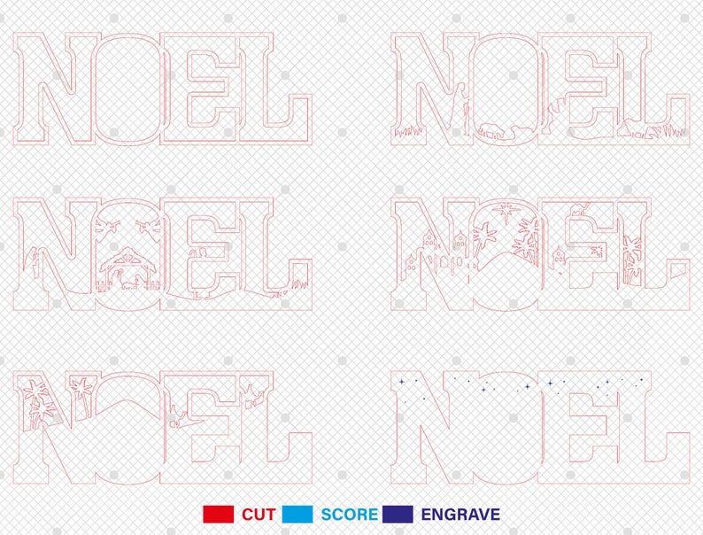May include: A digital design file for a Christmas Noel sign with three different styles. The first style is a simple outline of the word Noel. The second style includes a nativity scene with a star above the stable. The third style features a snowy scene with stars.