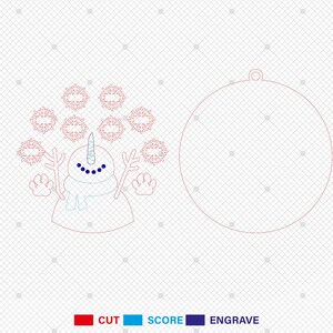 May include: A red and blue outline of a snowman with a carrot nose and a blue scarf. The snowman is surrounded by red and blue snowflakes. The image is for a Christmas ornament.