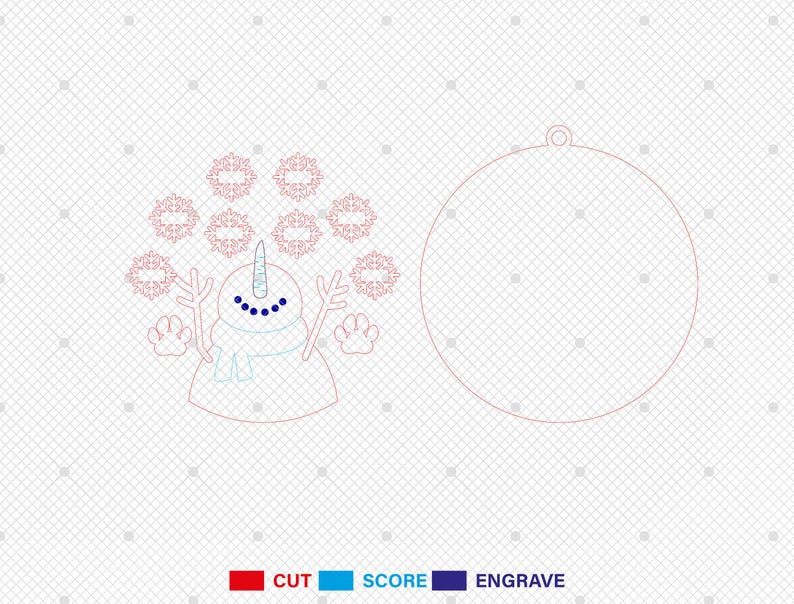 May include: A red and blue outline of a snowman with a carrot nose and a blue scarf. The snowman is surrounded by red and blue snowflakes. The image is for a Christmas ornament.