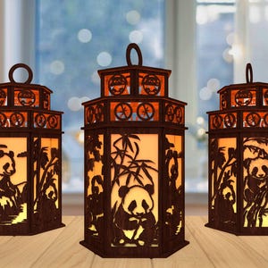 Fichier découpé au laser 3D mignon panda lanterne, panda scène lanterne svg, svg panda, maman panda et bébé bougie lanterne svg, découpé au laser Glowforge
