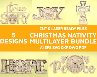5 Multilayer Christmas Nativity Art SVG Bundle, Nativity scene svg, Multilayer Joy svg, Multilayer Birth of Jesus svg, Laser Cut Glowforge