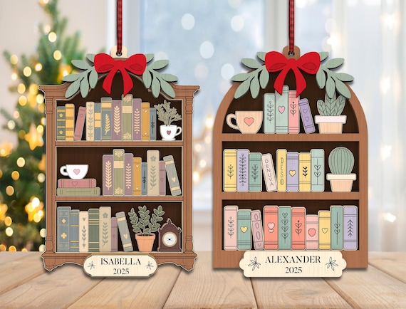 Personalized Bookshelf Ornament svg, Wooden Christmas Decor, Custom Book Lover Gift, New Home Library Decor, Laser Cut Glowforge