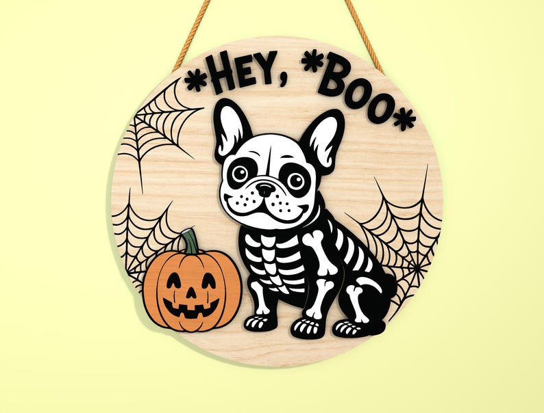 Może przedstawiać: Okrągły drewniany znak na Halloween z motywem szkieletu buldoga francuskiego, dyni i pajęczyn. Znak głosi "Hey, Boo" czarnymi literami i wisi na naturalnej lince.