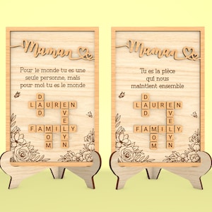Svg personnalisé fête des mères mots croisés Scrabble, cadeau pour maman, signe floral maman svg, svg cadeau fête des mères, découpé au laser Glowforge