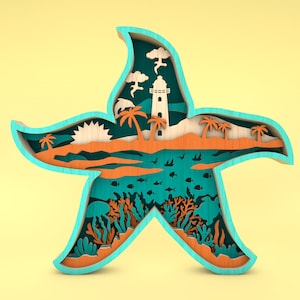マルチレイヤー ヒトデ アート svg、海中シーン svg、海中シーン アート svg、Hello Summer svg、6 レイヤー アート作品、レーザー カット Glowforge、デジタル ダウンロード