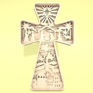 Wielowarstwowa szopka krzyżowa sztuka svg, szopka svg, scena bożonarodzeniowa svg, narodziny Jezusa svg, 6-warstwowe dzieło sztuki, cięcie laserowe Glowforge