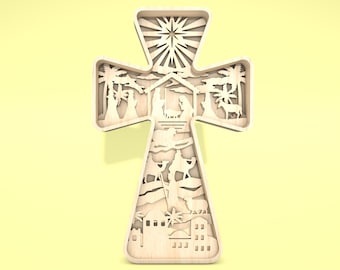 Multilayer Nativity Cross Scene Art svg, Nativity scene svg, Christmas Scene svg, Birth of Jesus svg, 6 layer art piece,Laser Cut Glowforge