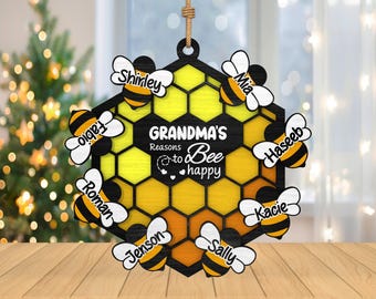 Personalized Grandma's Reasons To Bee Happy Ornament svg,Custom bee svg,Honeycomb Ornament svg,Gift for Grandma svg,Laser Cut Glowforge