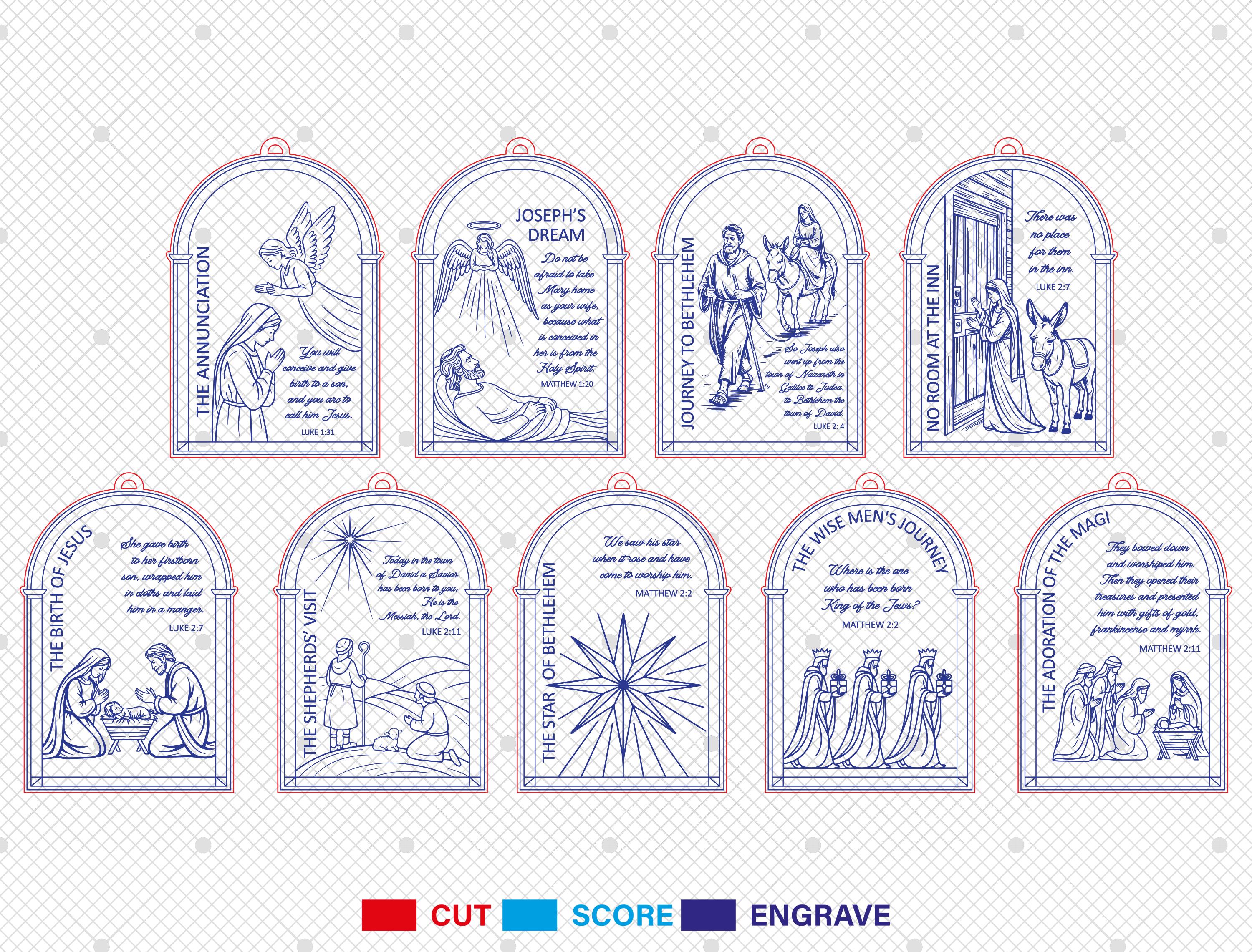 Christmas Nativity Story Ornament Svg Bundle, Bible Verses With Line ...