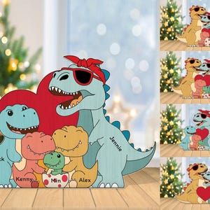 パーソナライズされた T-rex 恐竜ファミリー パズル ピース svg、恐竜ファミリー svg、家族へのギフト、レーザーカット Glowforge、デジタル ダウンロード