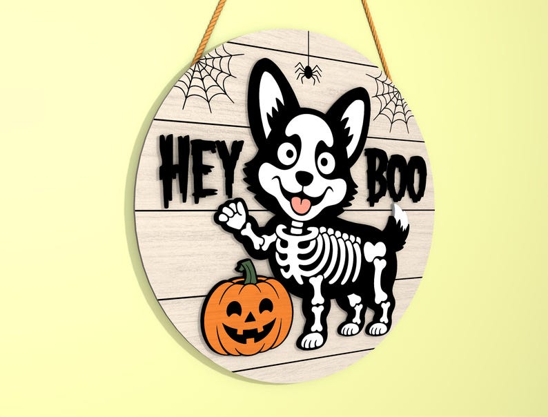 Hey Boo Skeleton Hey Boo Skeleton Dog Door Hanger SVG, Halloween Corgi & Poodle Door ...