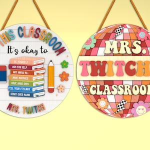 Panneau de porte rond personnalisé enseignant svg, boule disco rétro accroche-porte enseignant svg, svg cadeau enseignant, découpé au laser Glowforge, téléchargement numérique