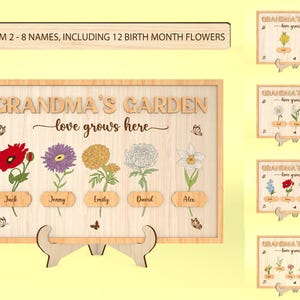 Placa de jardim da avó personalizada svg, placa de flores do mês de nascimento svg, presente para a mãe, placa da avó svg, presente de dia das mães svg, corte a laser Glowforge