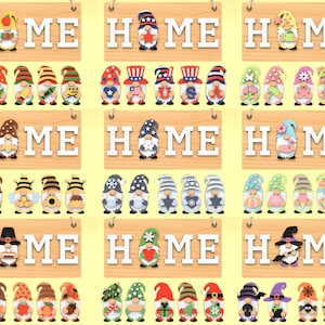 Gnomo carino intercambiabile Benvenuto a casa Cartello appeso in legno bundle in formato SVG, Gnomi stagionali in formato SVG, Segno di benvenuto in formato SVG, Taglio laser Glowforge, Digitale