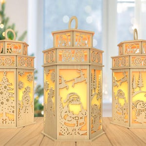 3D Weihnachtslaterne Laser geschnitten Datei, Weihnachtsszene Laterne svg, Weihnachtsmann und Schneemann svg, Weihnachtskerzenlaterne svg, Laser Cut Glowforge