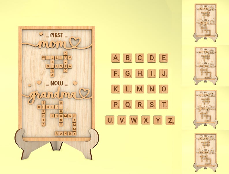 May include: Wooden sign with a crossword puzzle design. The sign says "First Mom Now Grandma" and includes the names William, Olivia, Robert, Sophia, Thomas, Randy. The sign is on a wooden stand and comes with a set of letter tiles.