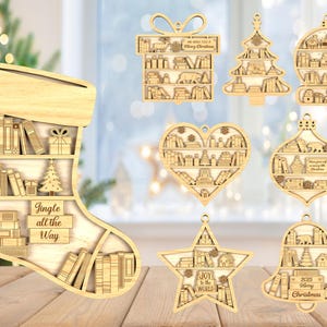 Adorno de árbol de Navidad SVG, adorno de media, estrella, campana, corazón y bola (SVG), adorno de estantería (SVG), corte láser Glowforge