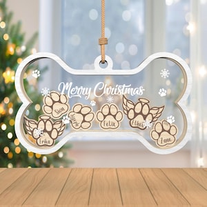 Gepersonaliseerde Dog Bone Christmas Ornament SVG, 4D Shaker Ornament SVG, Paw Print Ornament SVG, Memorial, kerstcadeau SVG, lasergesneden Glowforge