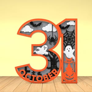 May include: Orange and black Halloween-themed wooden sign with the number 31 and the word "OCTOBER" carved into it. The sign is decorated with bats, ghosts, spiders, and a pumpkin.