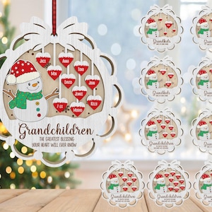 Adorno personalizado para nietos, la mayor bendición que tu corazón jamás conocerá, adorno de muñeco de nieve navideño, Glowforge cortado con láser