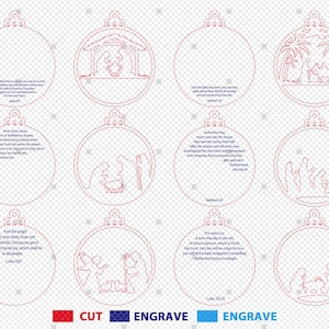 May include: Red line art Christmas ornament designs with biblical scenes and text. The designs include nativity scenes, angels, and text from Luke and Matthew. The ornaments are designed for cutting and engraving.