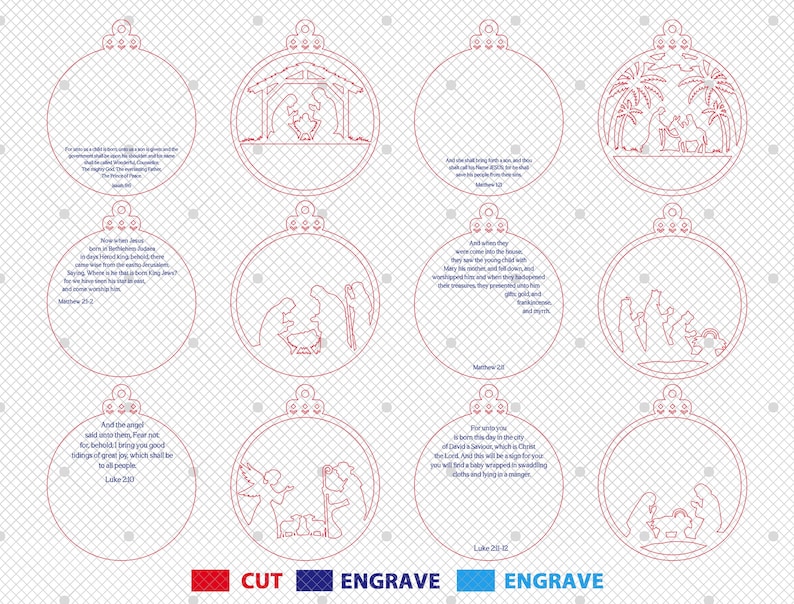 May include: Red line art Christmas ornament designs with biblical scenes and text. The designs include nativity scenes, angels, and text from Luke and Matthew. The ornaments are designed for cutting and engraving.
