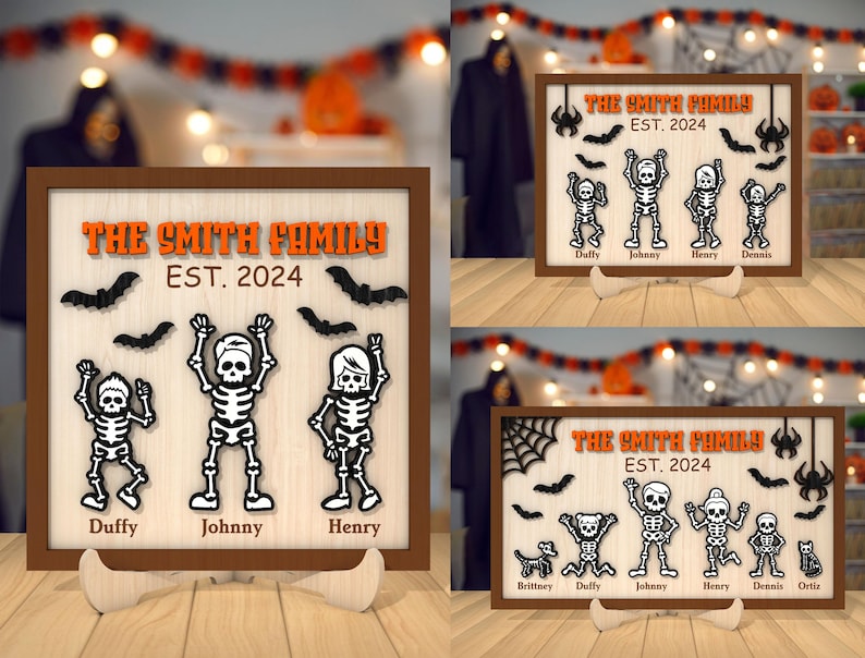 May include: A wooden sign with a Halloween theme featuring a family of skeletons. The sign reads "The Smith Family Est. 2024".